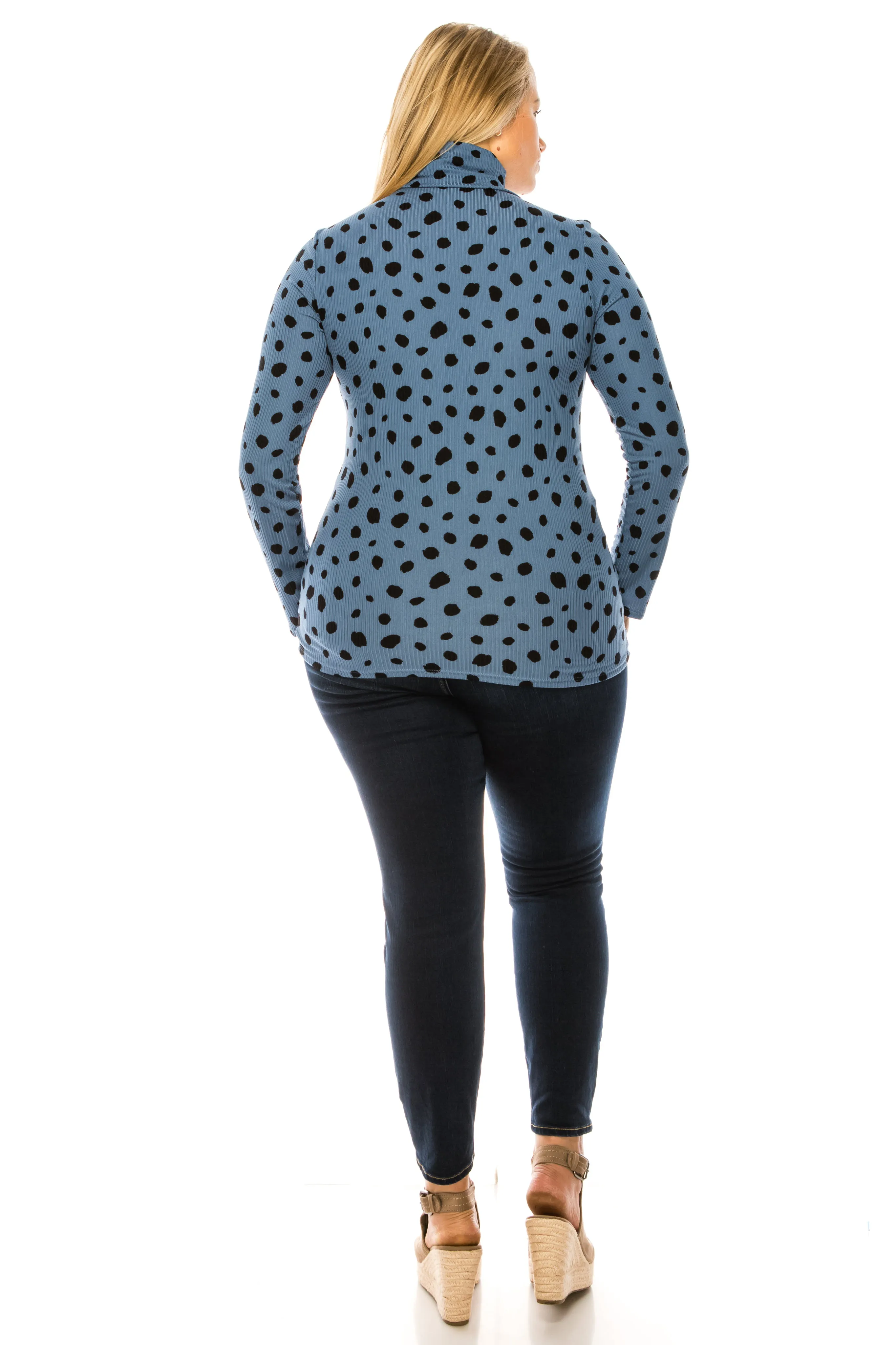 Women's Casual Polka Dot Printed Ribbed Long Sleeve Turtleneck Tops