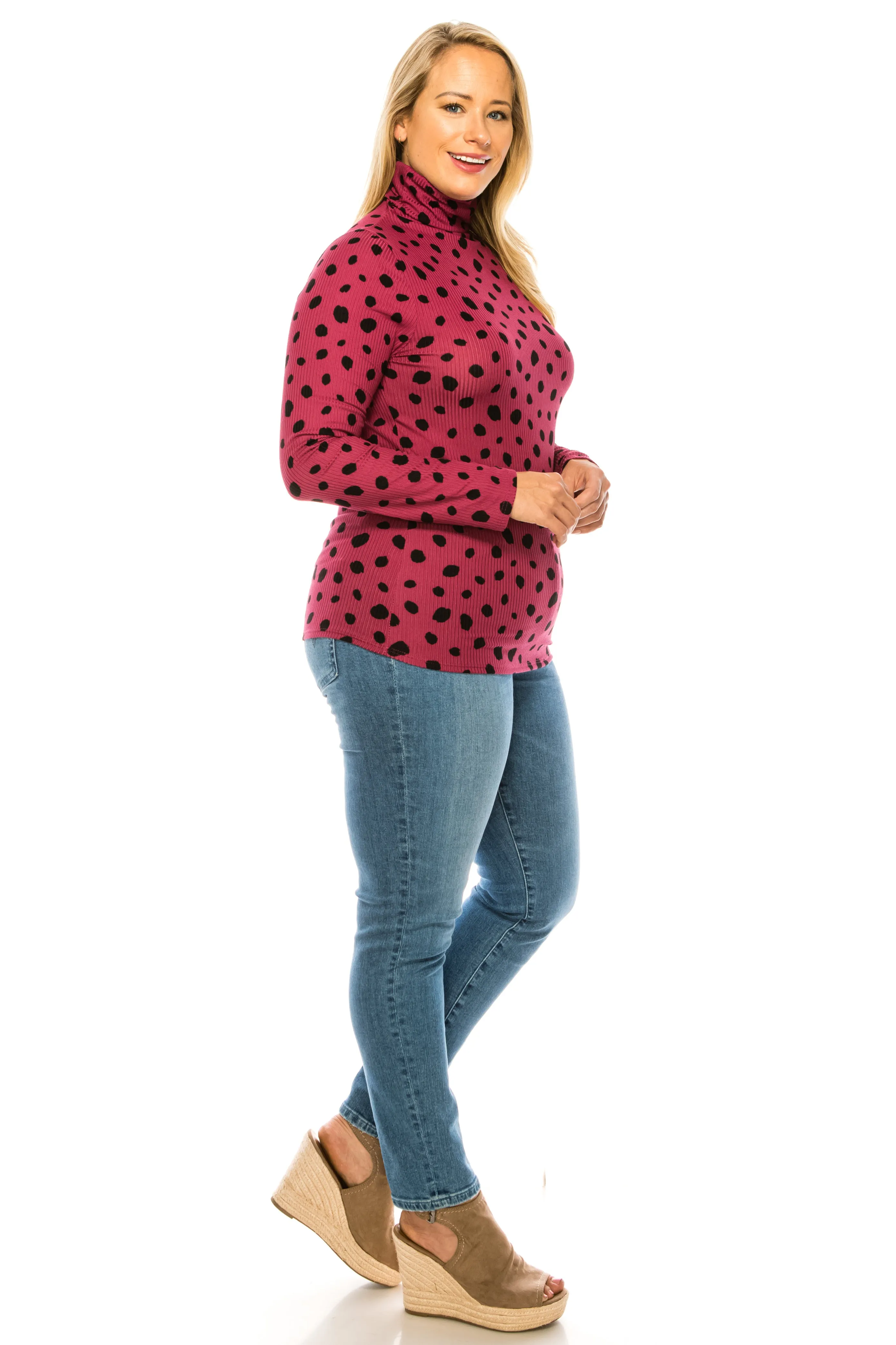 Women's Casual Polka Dot Printed Ribbed Long Sleeve Turtleneck Tops