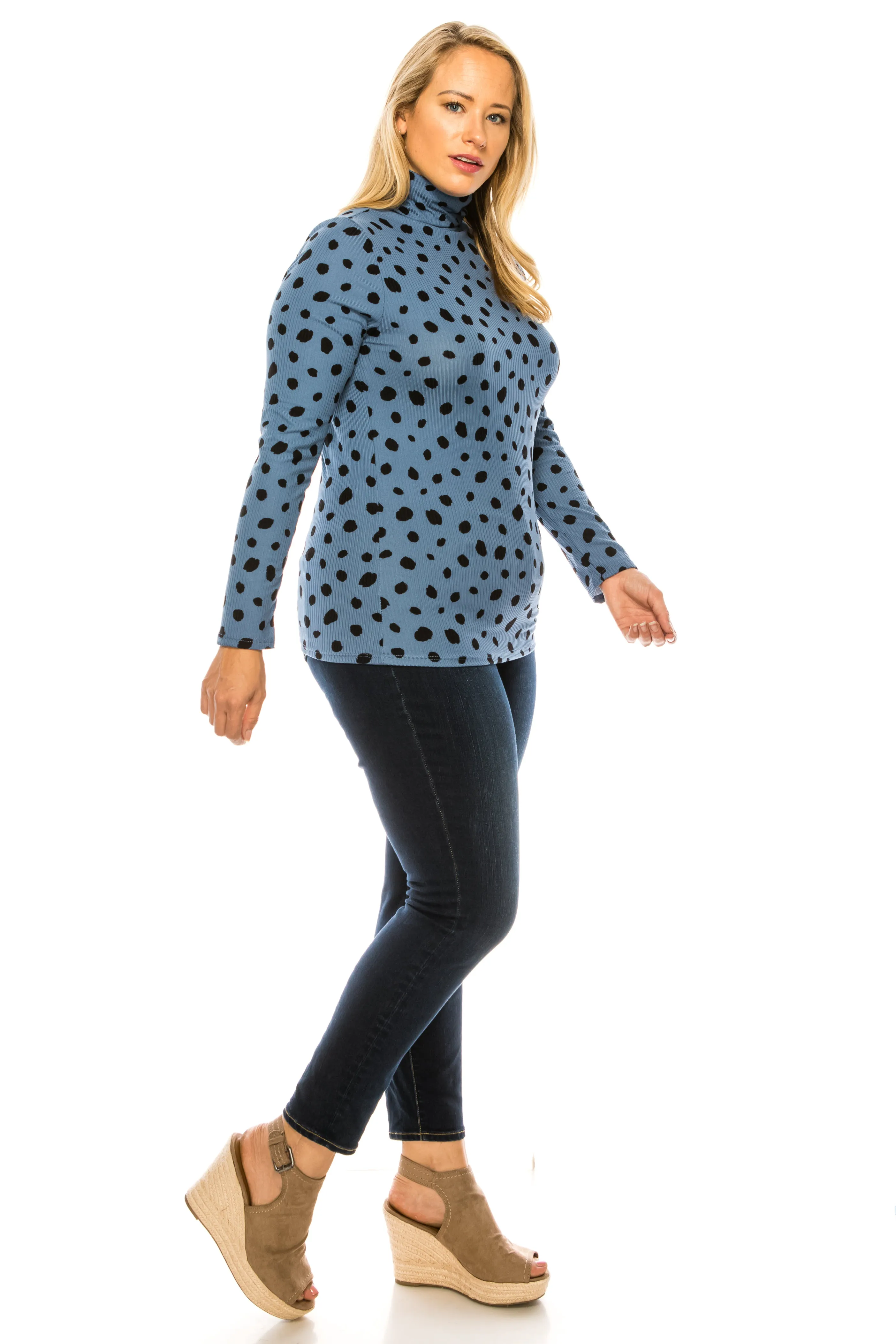 Women's Casual Polka Dot Printed Ribbed Long Sleeve Turtleneck Tops