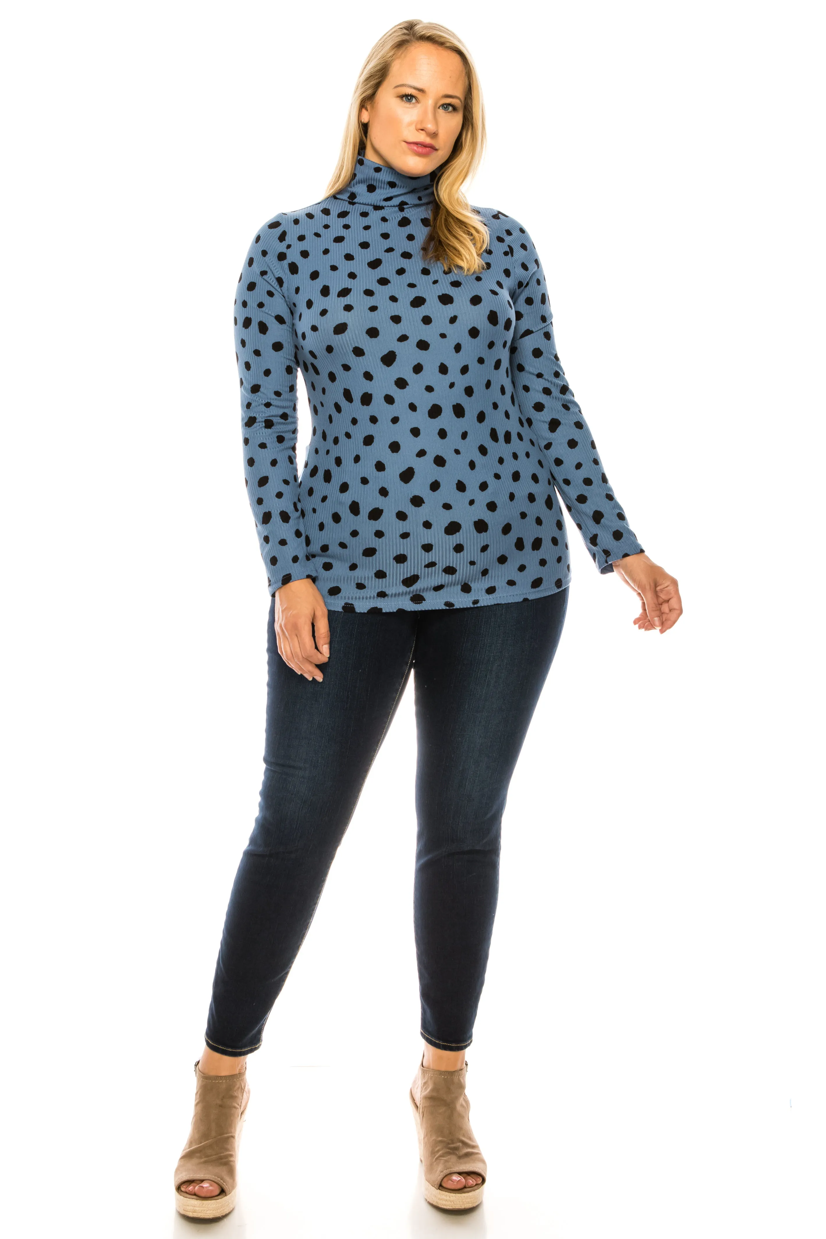 Women's Casual Polka Dot Printed Ribbed Long Sleeve Turtleneck Tops