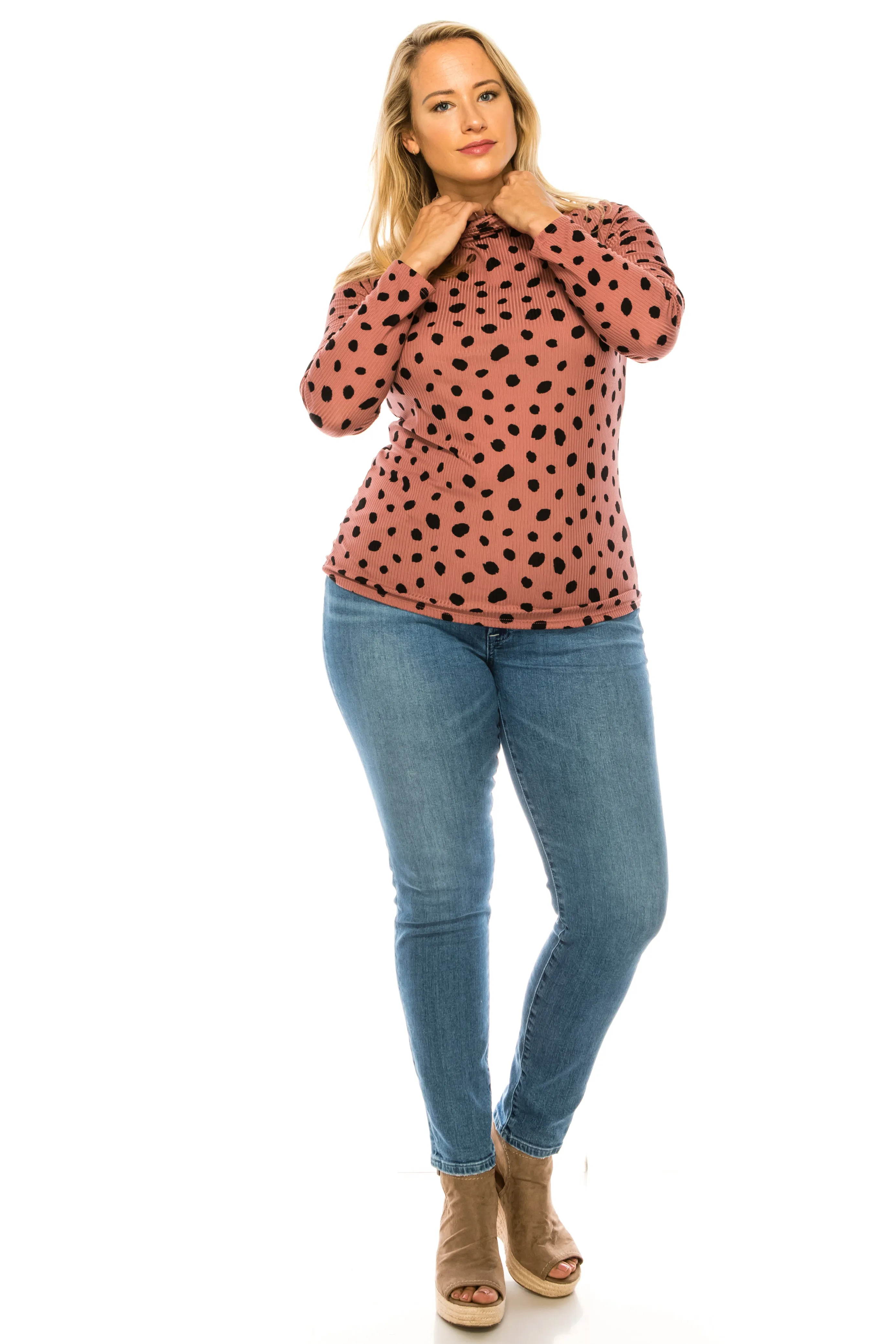 Women's Casual Polka Dot Printed Ribbed Long Sleeve Turtleneck Tops