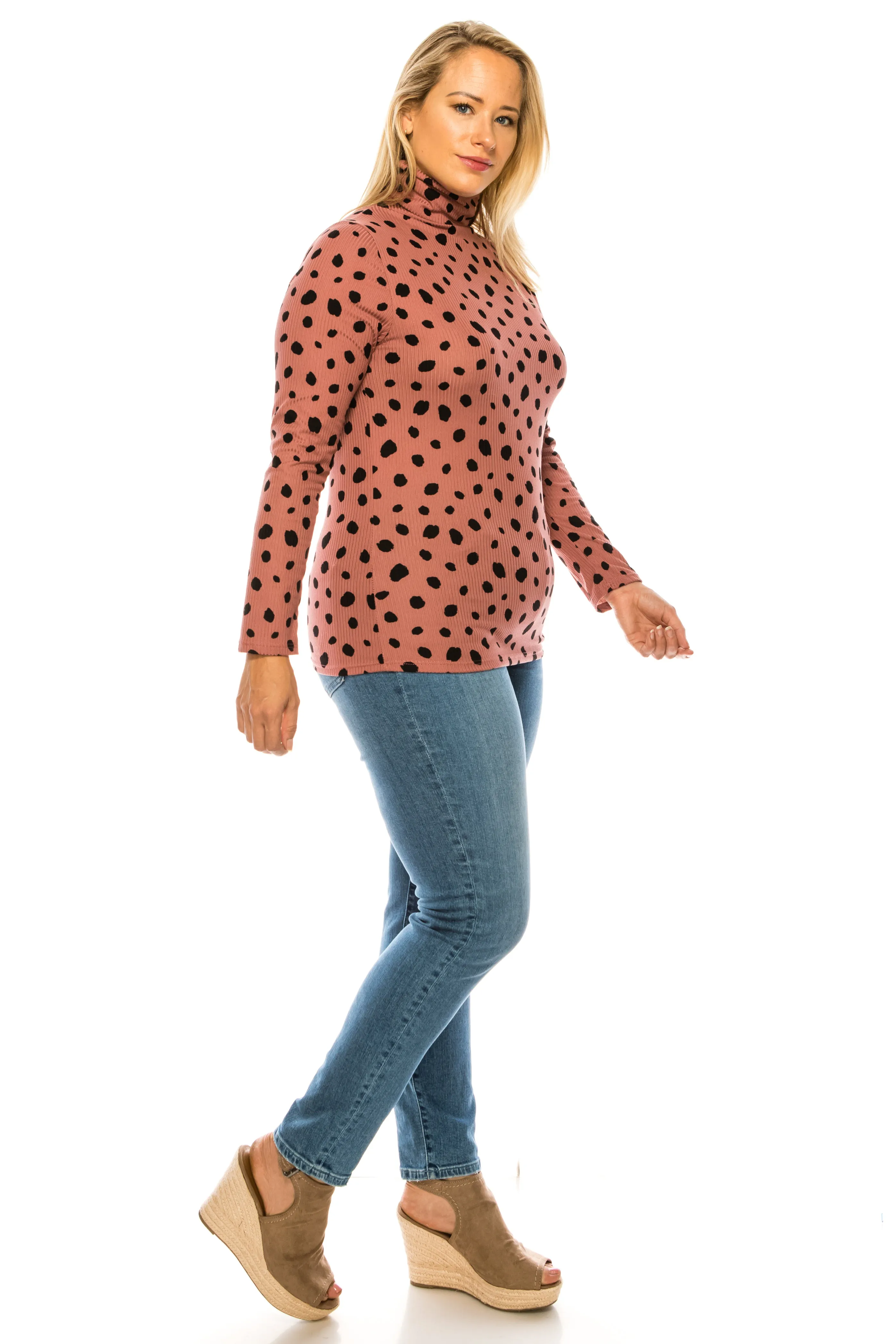 Women's Casual Polka Dot Printed Ribbed Long Sleeve Turtleneck Tops