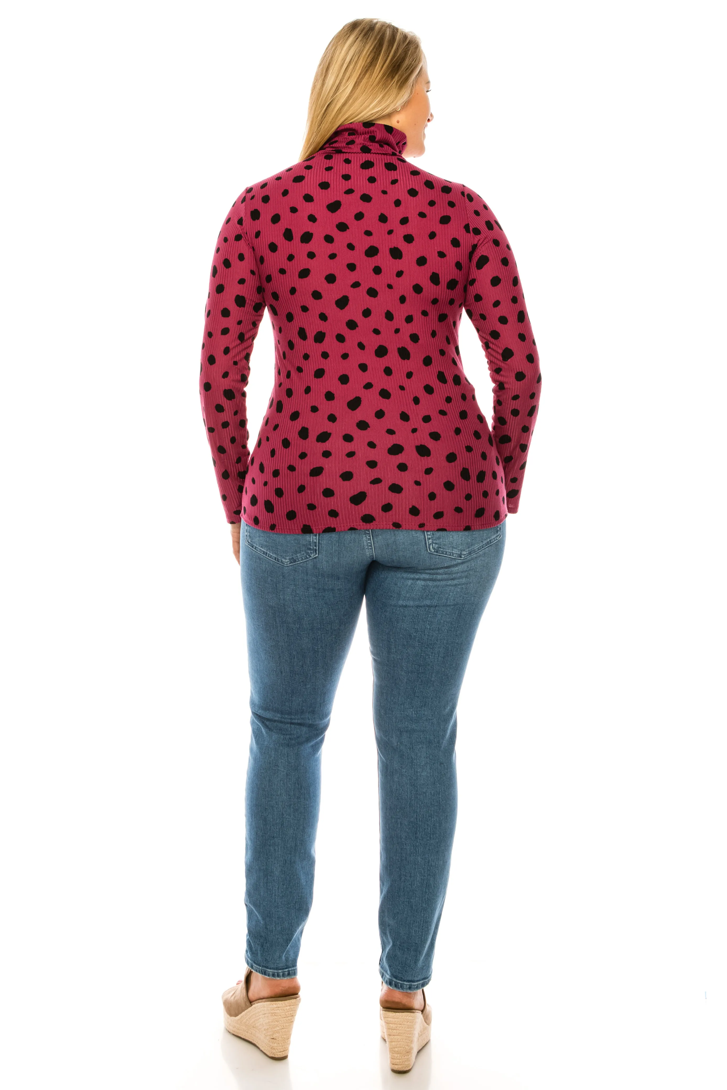 Women's Casual Polka Dot Printed Ribbed Long Sleeve Turtleneck Tops