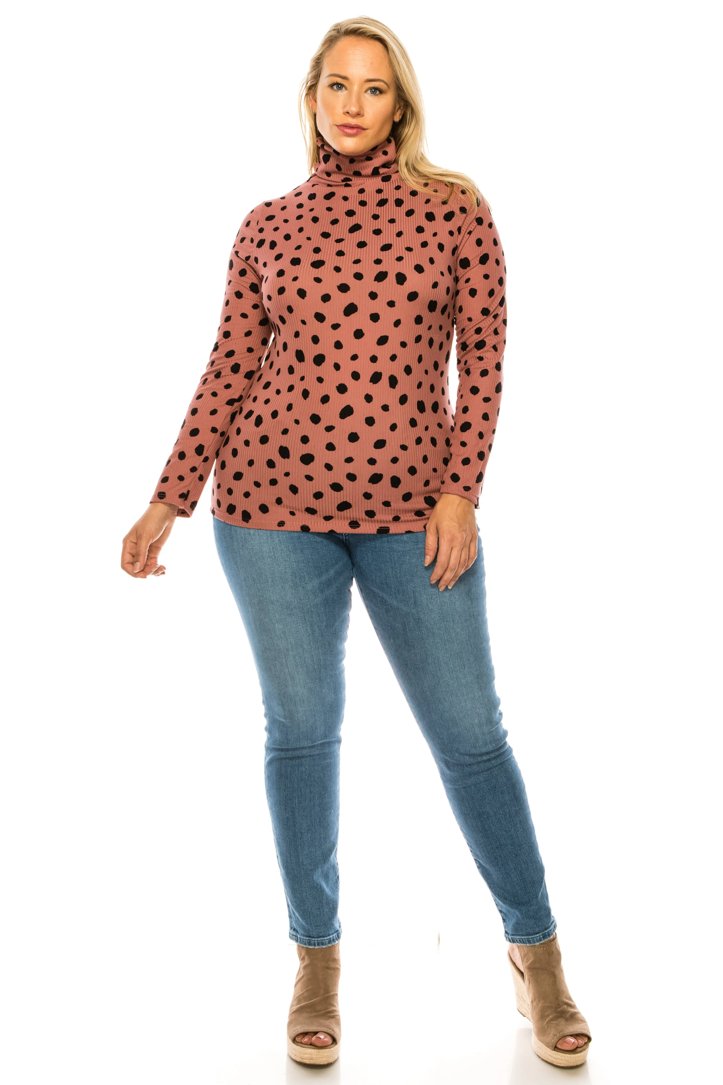 Women's Casual Polka Dot Printed Ribbed Long Sleeve Turtleneck Tops