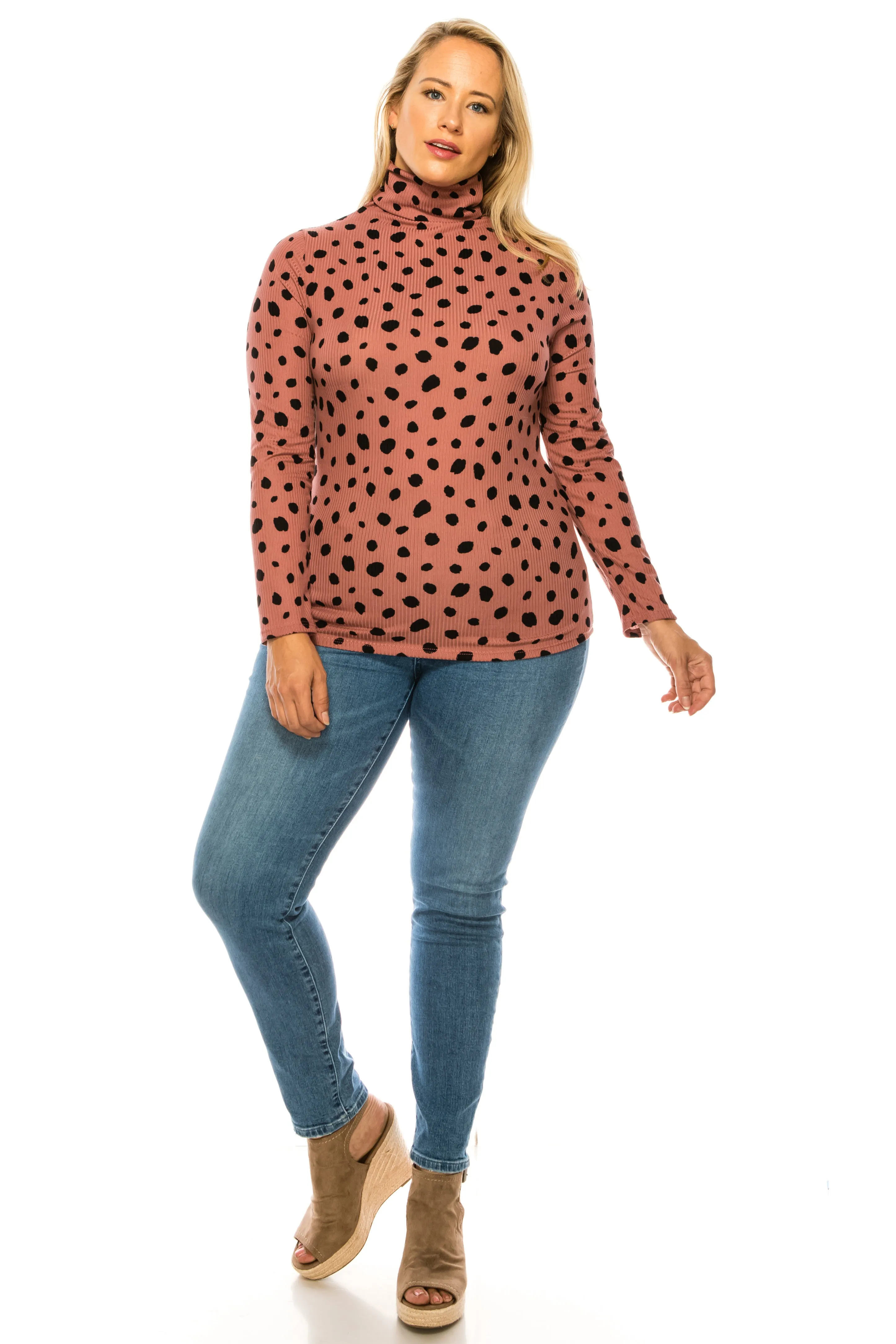 Women's Casual Polka Dot Printed Ribbed Long Sleeve Turtleneck Tops