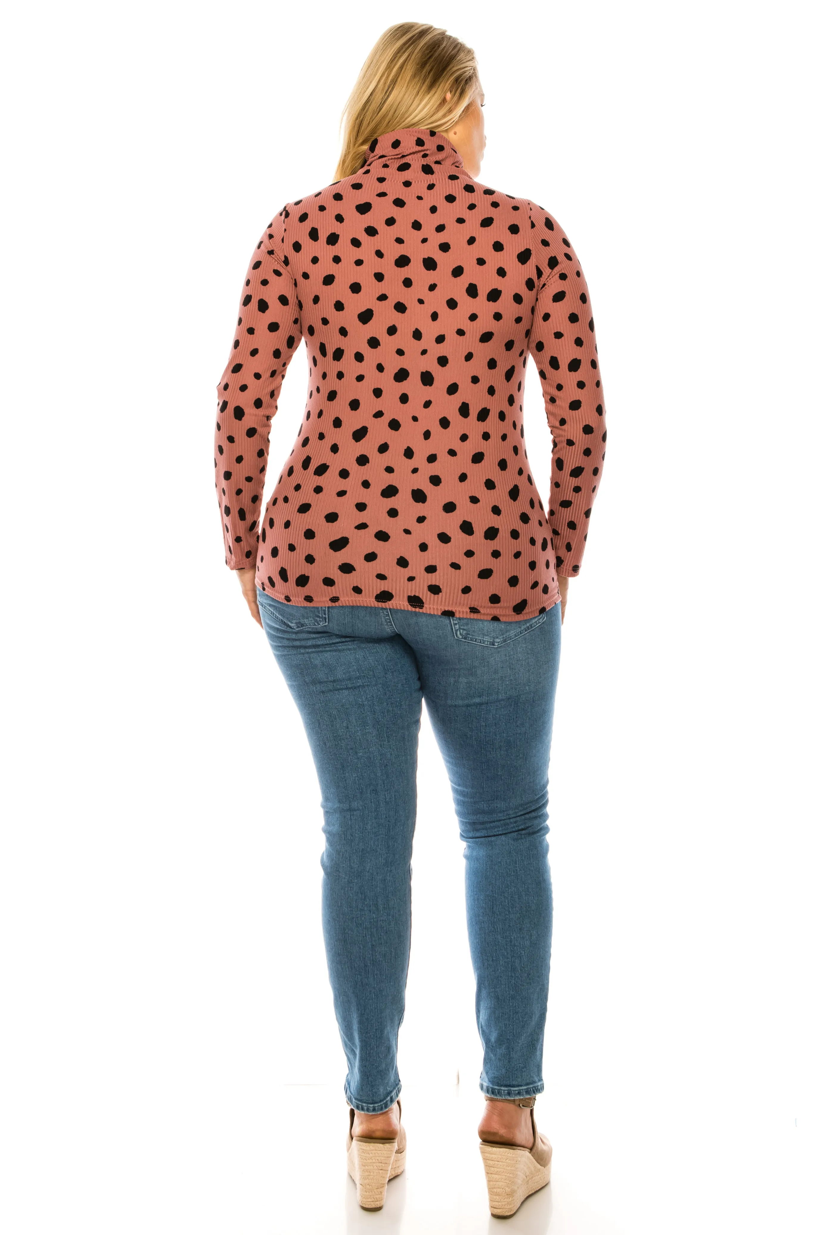 Women's Casual Polka Dot Printed Ribbed Long Sleeve Turtleneck Tops