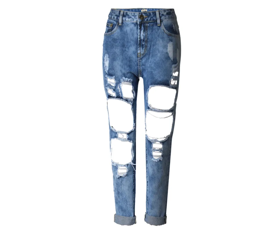 Women's Hole Loose Nine-point Denim Pants