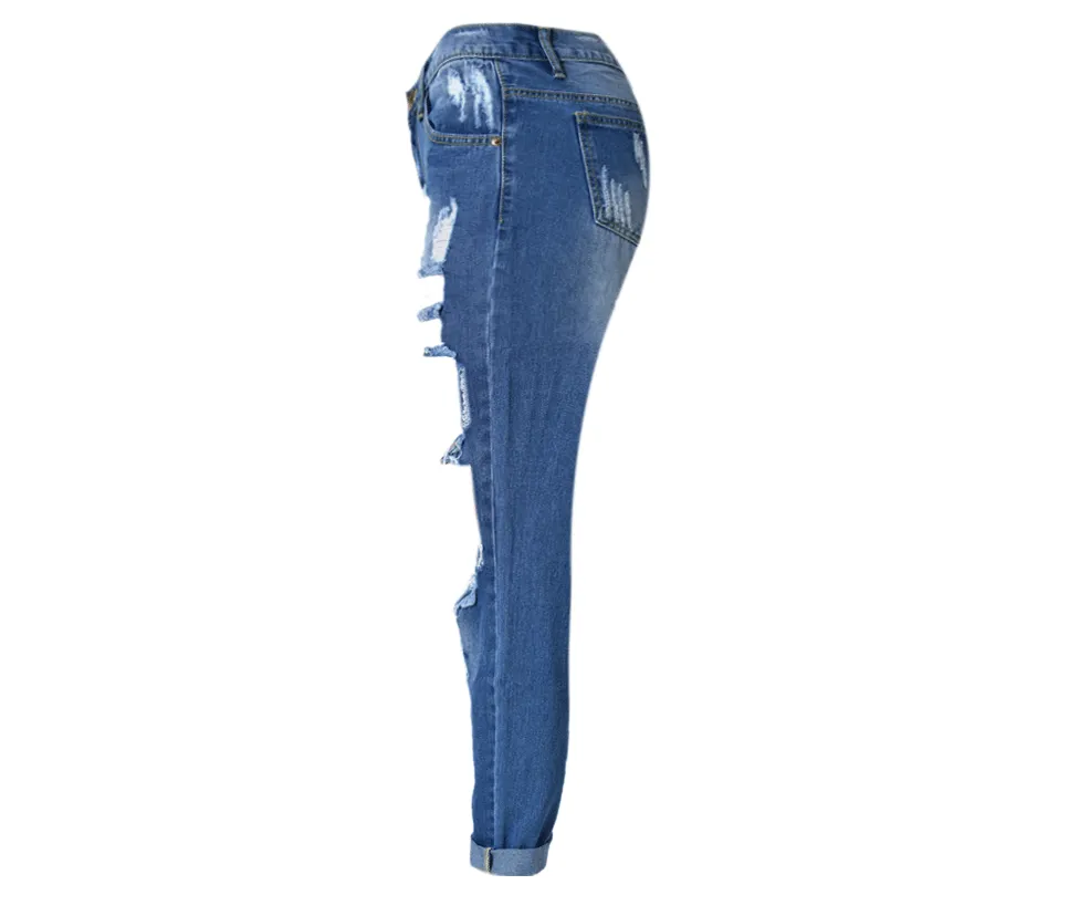 Women's Hole Loose Nine-point Denim Pants