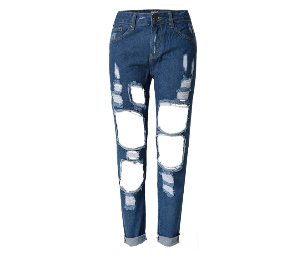 Women's Hole Loose Nine-point Denim Pants