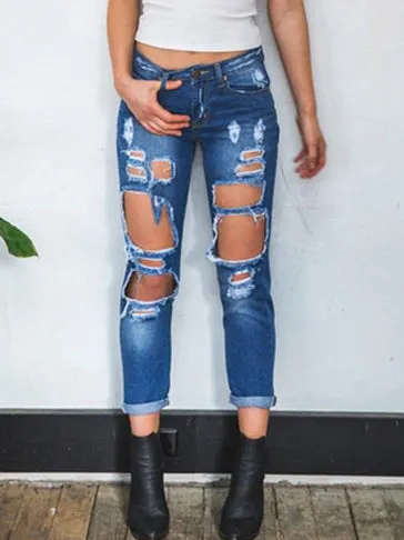 Women's Hole Loose Nine-point Denim Pants