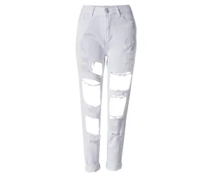 Women's Hole Loose Nine-point Denim Pants