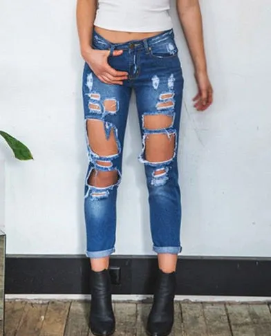 Women's Hole Loose Nine-point Denim Pants
