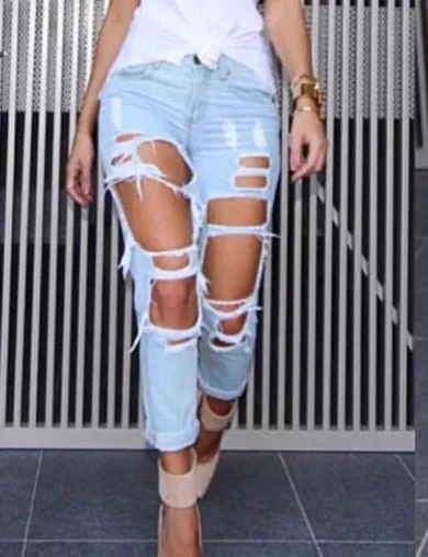 Women's Hole Loose Nine-point Denim Pants