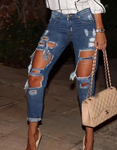 Women's Hole Loose Nine-point Denim Pants