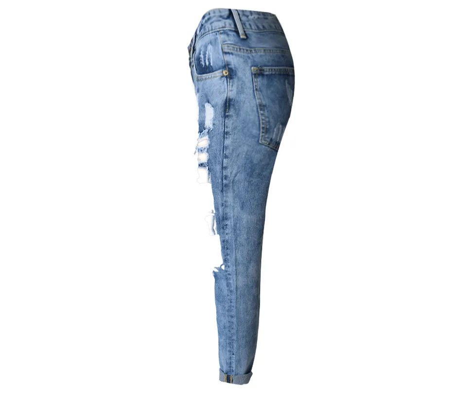 Women's Hole Loose Nine-point Denim Pants