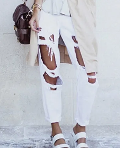 Women's Hole Loose Nine-point Denim Pants