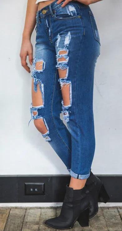 Women's Hole Loose Nine-point Denim Pants