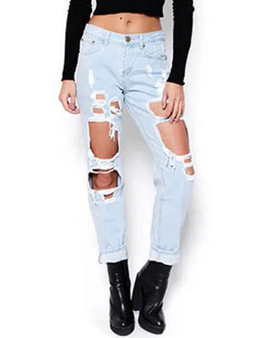 Women's Hole Loose Nine-point Denim Pants