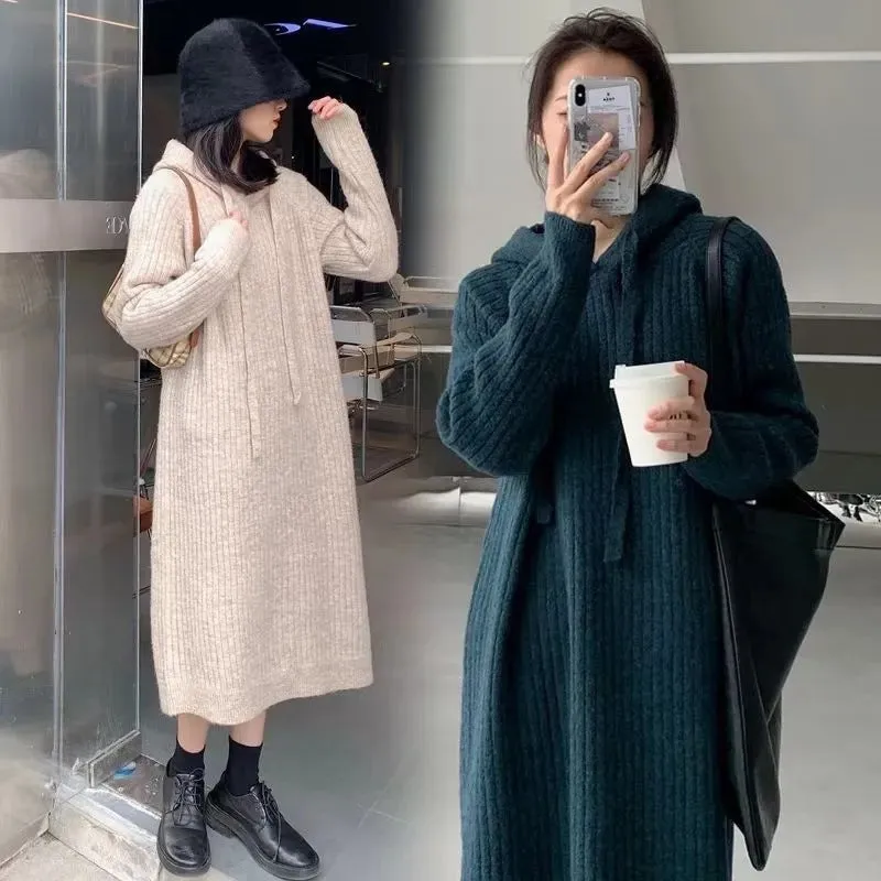 XIEYINSHE 2025Autumn and winter new long bottom knitted dress women's Korean version loose and thin lazy wind hooded knee sweater skirt