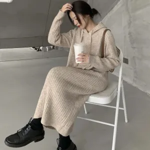 XIEYINSHE 2025Autumn and winter new long bottom knitted dress women's Korean version loose and thin lazy wind hooded knee sweater skirt