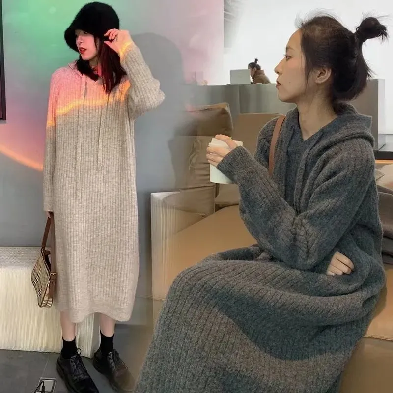 XIEYINSHE 2025Autumn and winter new long bottom knitted dress women's Korean version loose and thin lazy wind hooded knee sweater skirt