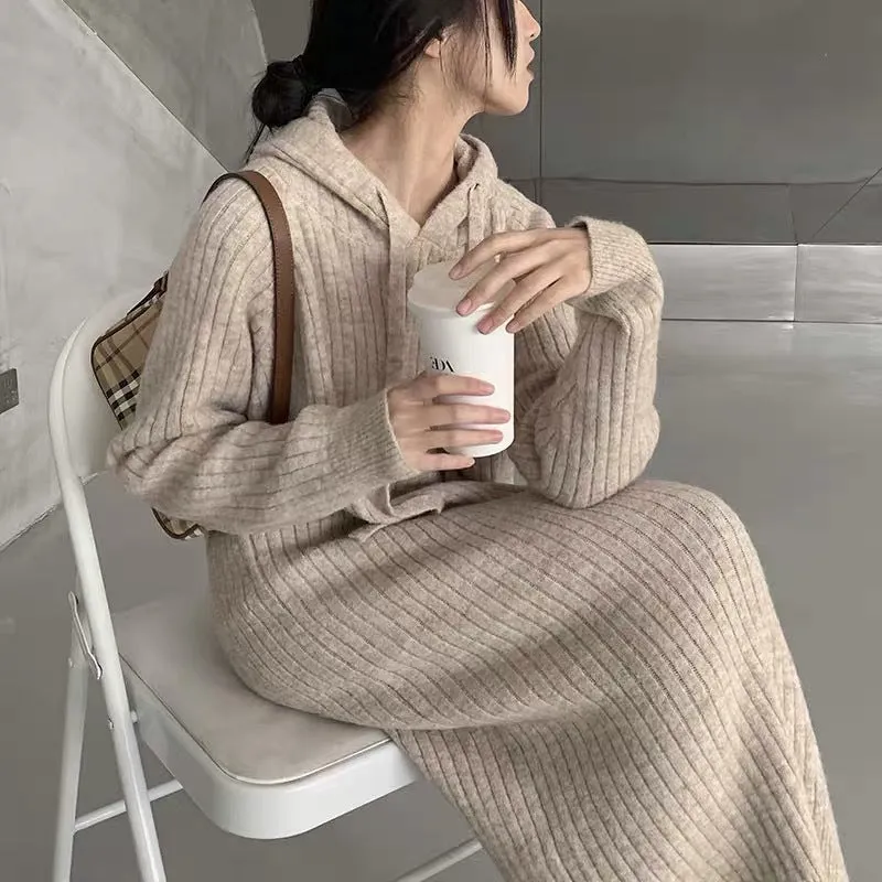 XIEYINSHE 2025Autumn and winter new long bottom knitted dress women's Korean version loose and thin lazy wind hooded knee sweater skirt
