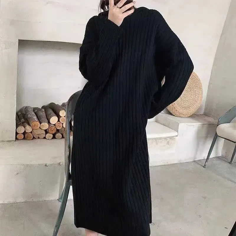 XIEYINSHE 2025Autumn and winter new long bottom knitted dress women's Korean version loose and thin lazy wind hooded knee sweater skirt