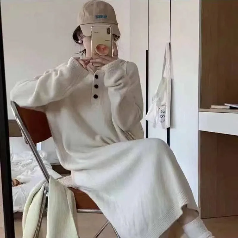 XIEYINSHE 2025Lazy wind long hooded knitted dress for women's autumn and winter new loose and thin thickened inner sweater skirt