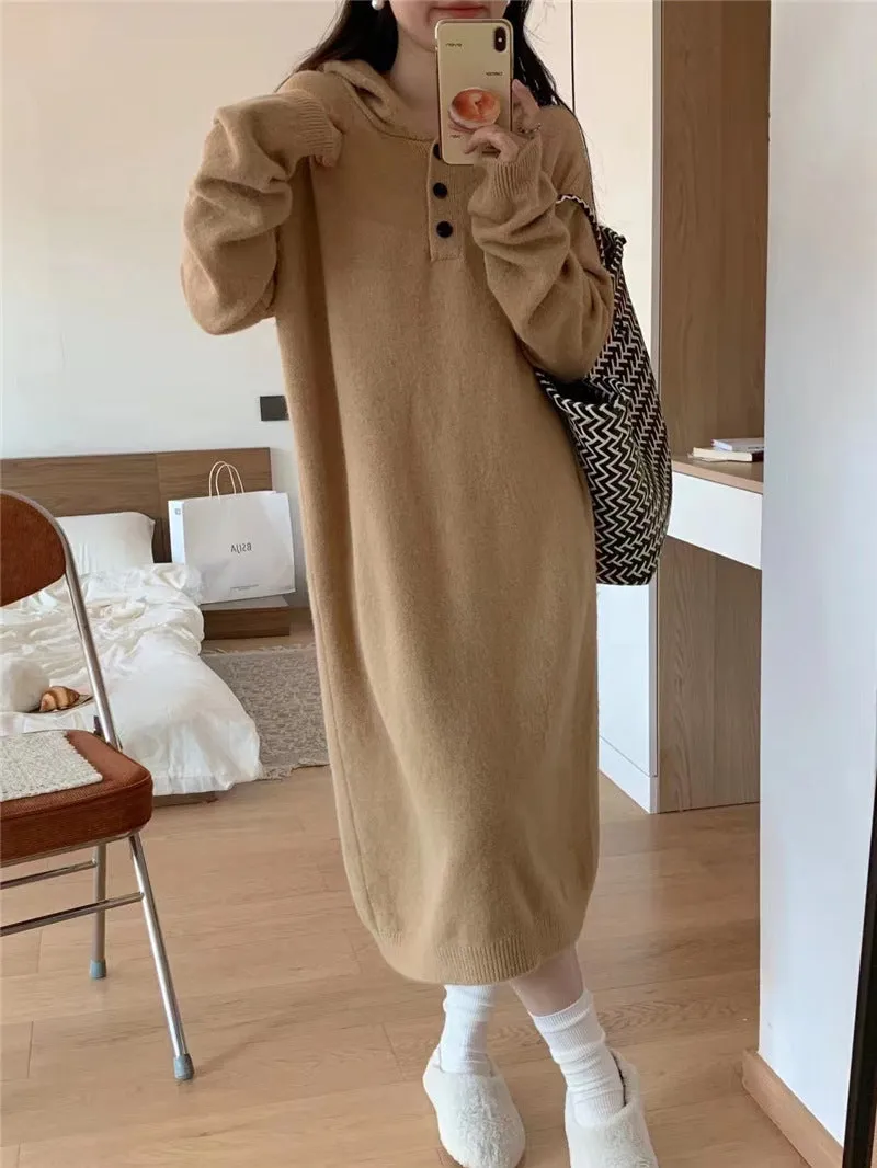 XIEYINSHE 2025Lazy wind long hooded knitted dress for women's autumn and winter new loose and thin thickened inner sweater skirt