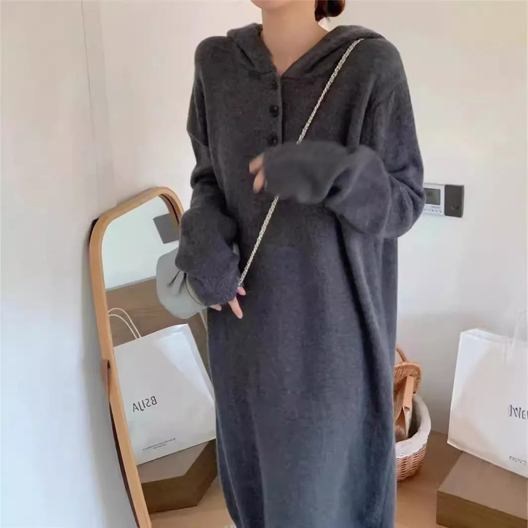 XIEYINSHE 2025Lazy wind long hooded knitted dress for women's autumn and winter new loose and thin thickened inner sweater skirt