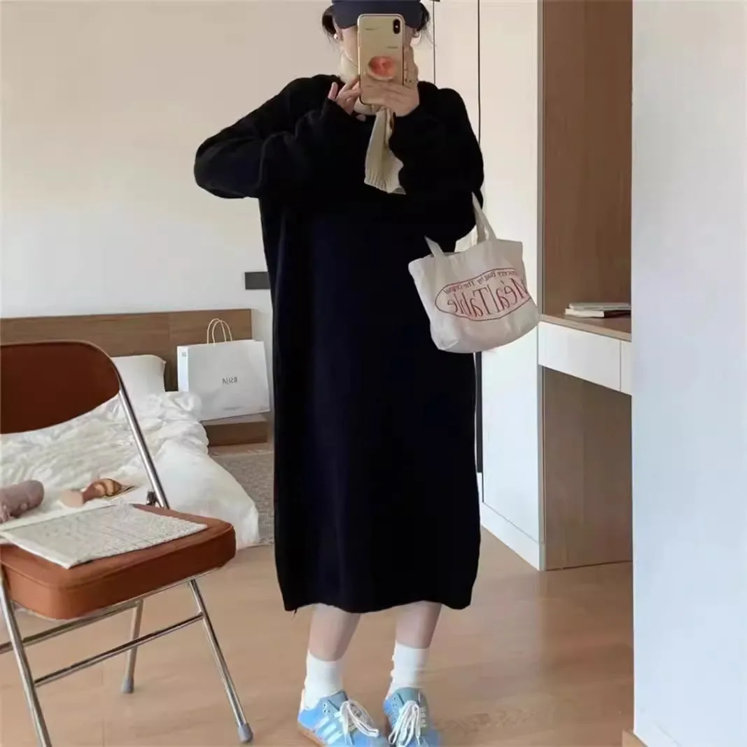 XIEYINSHE 2025Lazy wind long hooded knitted dress for women's autumn and winter new loose and thin thickened inner sweater skirt