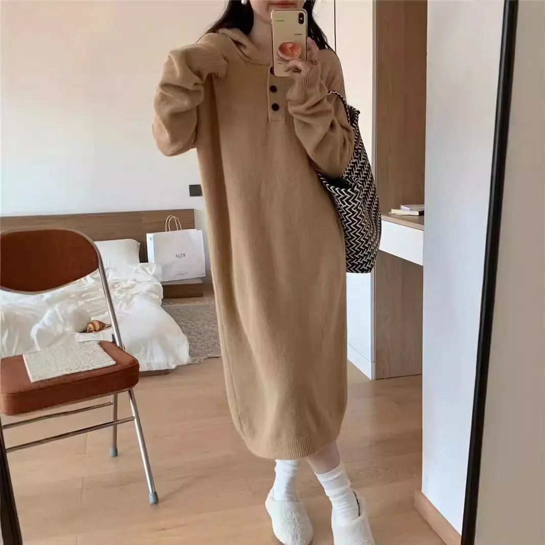 XIEYINSHE 2025Lazy wind long hooded knitted dress for women's autumn and winter new loose and thin thickened inner sweater skirt