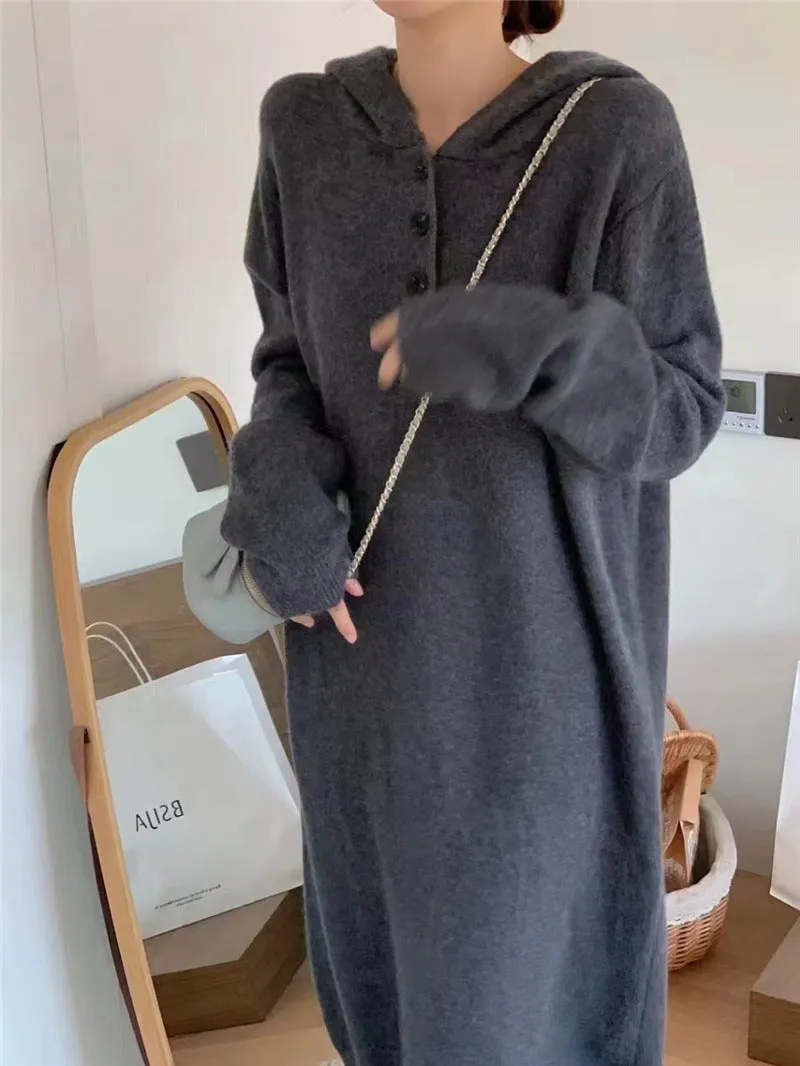 XIEYINSHE 2025Lazy wind long hooded knitted dress for women's autumn and winter new loose and thin thickened inner sweater skirt