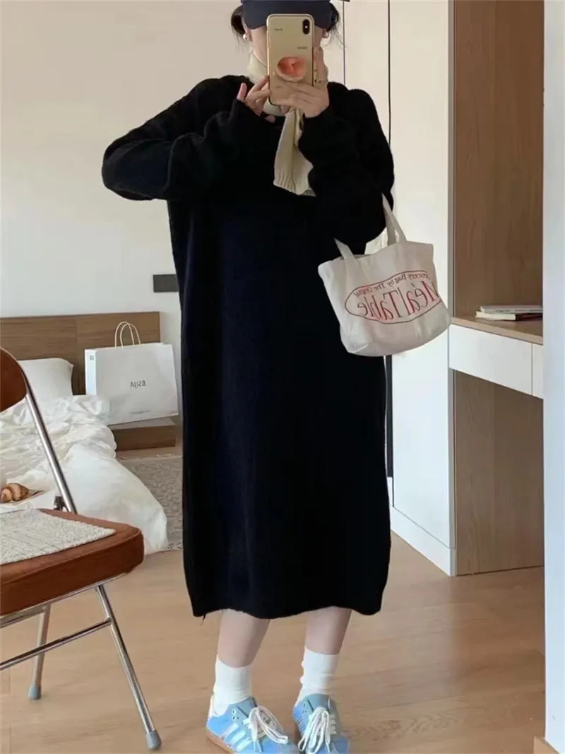 XIEYINSHE 2025Lazy wind long hooded knitted dress for women's autumn and winter new loose and thin thickened inner sweater skirt