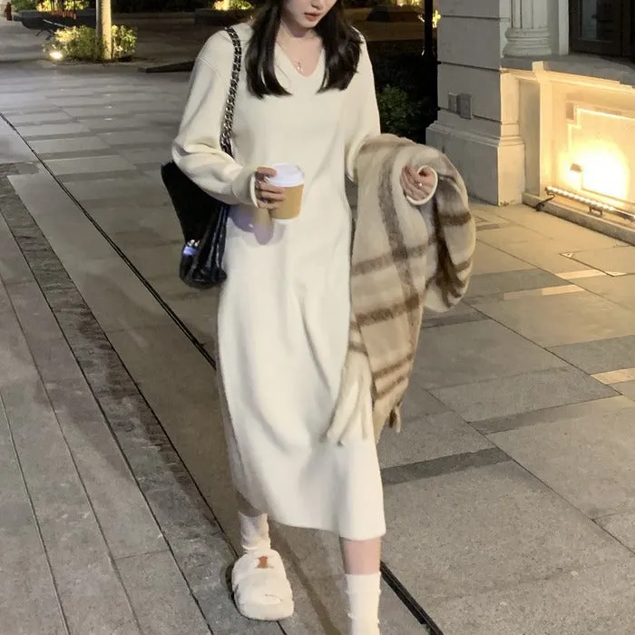 XIEYINSHE 2025popular autumn and winter new  temperament long dress V-neck knitted dress women's clothing loose and thin bottoming sweater skirt