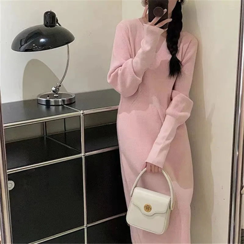 XIEYINSHE 2025popular autumn and winter new  temperament long dress V-neck knitted dress women's clothing loose and thin bottoming sweater skirt
