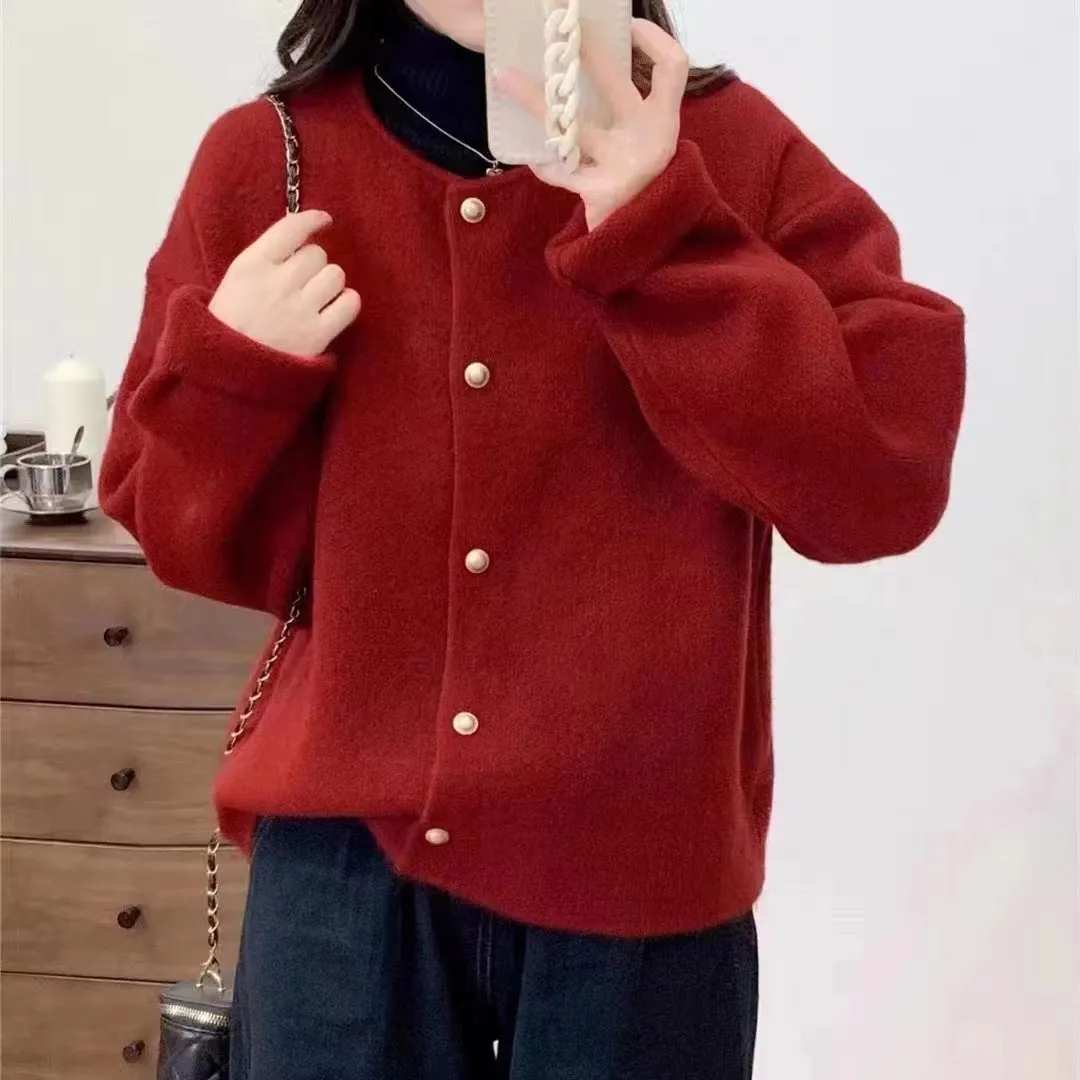 XIEYINSHE Autumn and winter new knitted cardigan sweater women's coat temperament small fragrant style small loose and thin round neck long sleeves