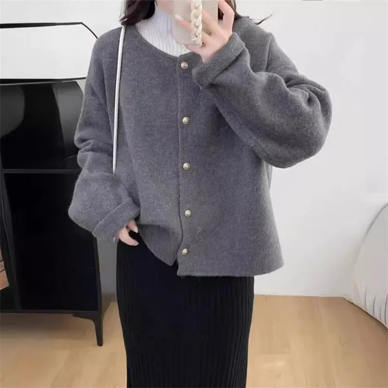 XIEYINSHE Autumn and winter new knitted cardigan sweater women's coat temperament small fragrant style small loose and thin round neck long sleeves