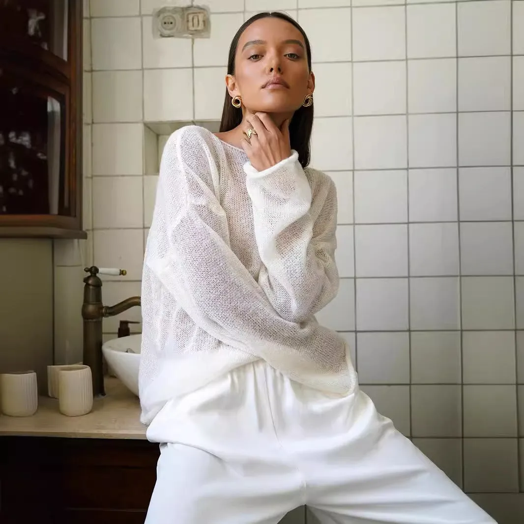 XIEYINSHE Cross-border hollow knitted sweater Europe, America and the United States New spring and summer new women's perspective thin large round neck horn sleeve knitted T-shirt