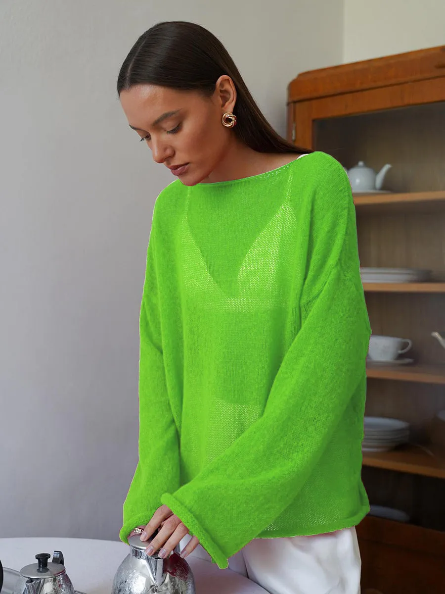 XIEYINSHE Cross-border hollow knitted sweater Europe, America and the United States New spring and summer new women's perspective thin large round neck horn sleeve knitted T-shirt