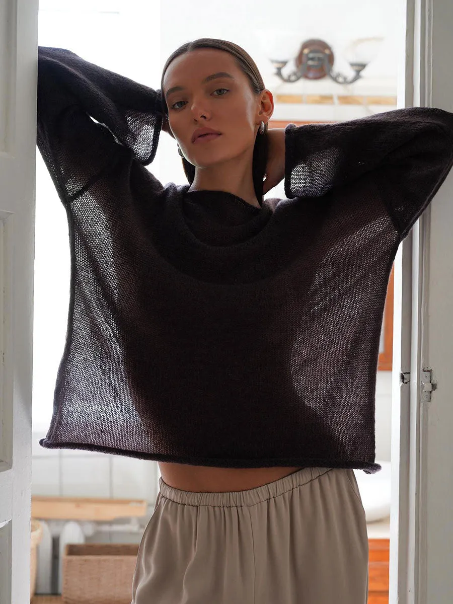 XIEYINSHE Cross-border hollow knitted sweater Europe, America and the United States New spring and summer new women's perspective thin large round neck horn sleeve knitted T-shirt