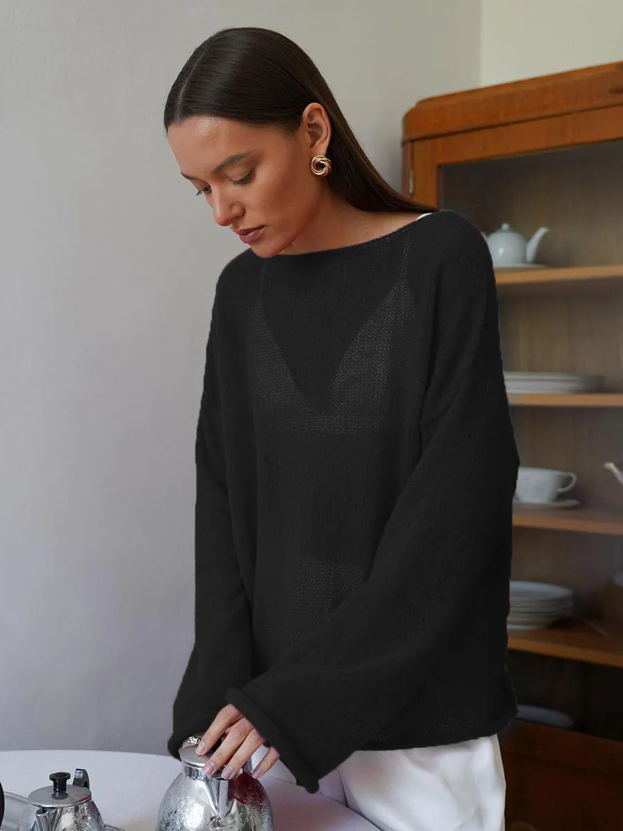 XIEYINSHE Cross-border hollow knitted sweater Europe, America and the United States New spring and summer new women's perspective thin large round neck horn sleeve knitted T-shirt