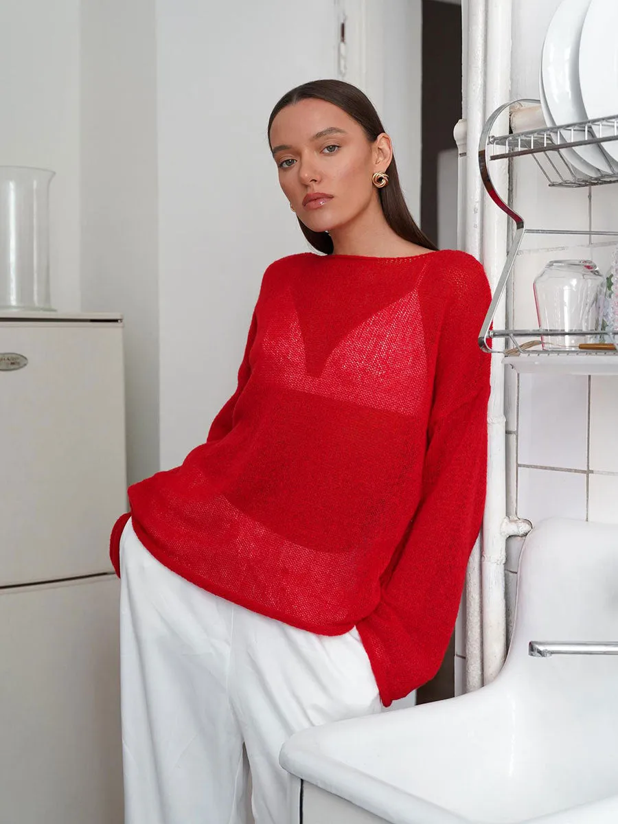 XIEYINSHE Cross-border hollow knitted sweater Europe, America and the United States New spring and summer new women's perspective thin large round neck horn sleeve knitted T-shirt