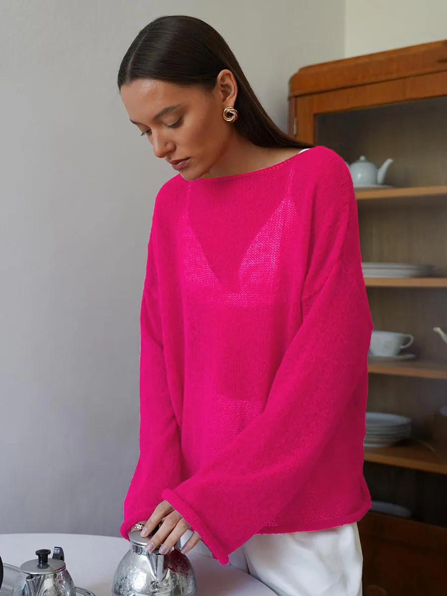 XIEYINSHE Cross-border hollow knitted sweater Europe, America and the United States New spring and summer new women's perspective thin large round neck horn sleeve knitted T-shirt
