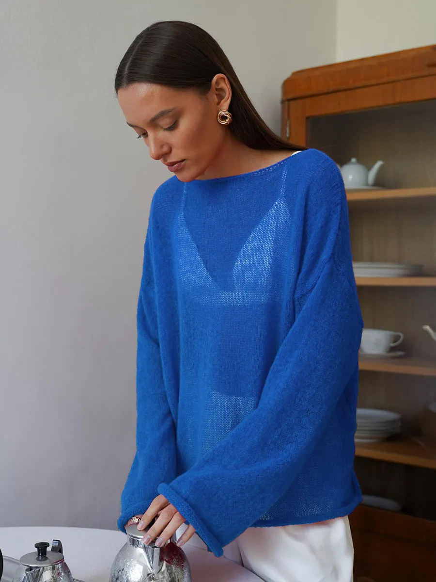 XIEYINSHE Cross-border hollow knitted sweater Europe, America and the United States New spring and summer new women's perspective thin large round neck horn sleeve knitted T-shirt
