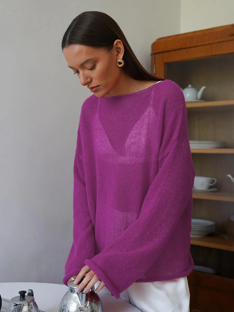 XIEYINSHE Cross-border hollow knitted sweater Europe, America and the United States New spring and summer new women's perspective thin large round neck horn sleeve knitted T-shirt
