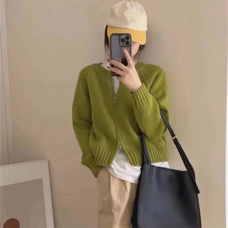 XIEYINSHE Short sweater jacket women's clothing autumn and winter new loose casual style thin double zipper knitted cardigan long-sleeved top
