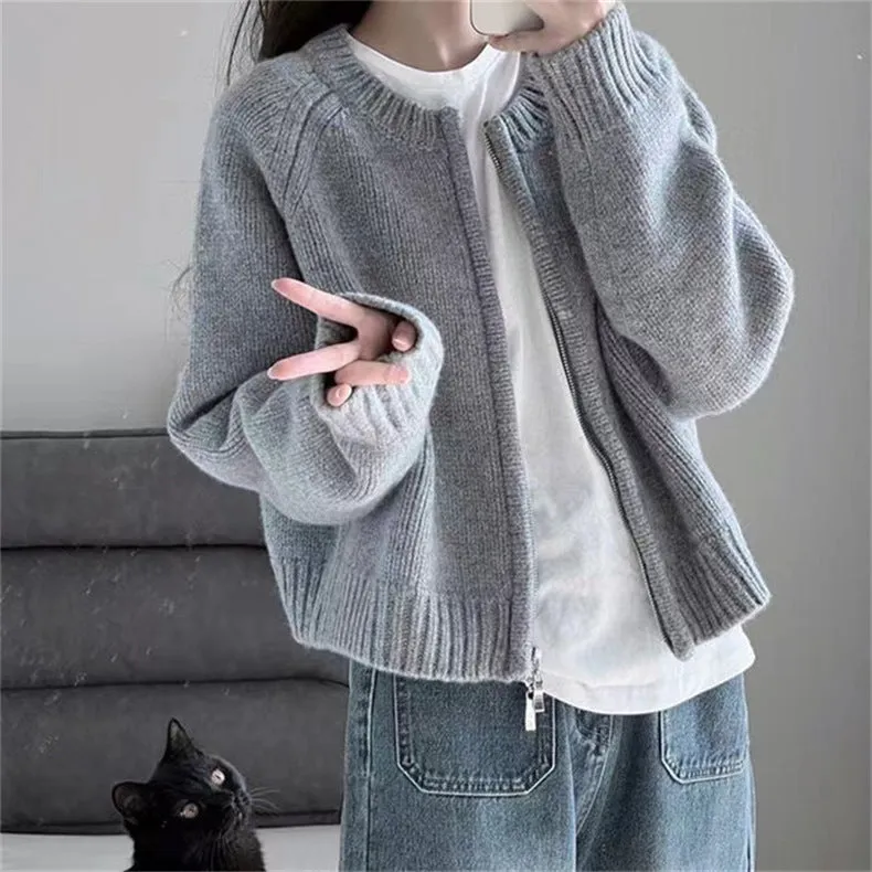 XIEYINSHE Short sweater jacket women's clothing autumn and winter new loose casual style thin double zipper knitted cardigan long-sleeved top