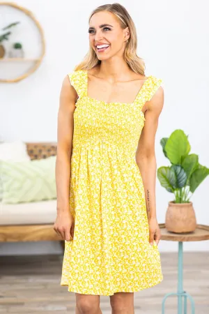 Yellow and White Floral Smocked Bodice Dress