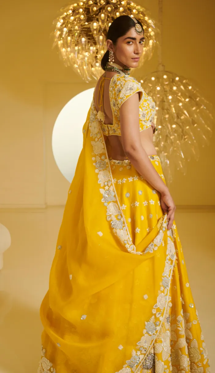 Yellow Embellished Kali Lehenga Set